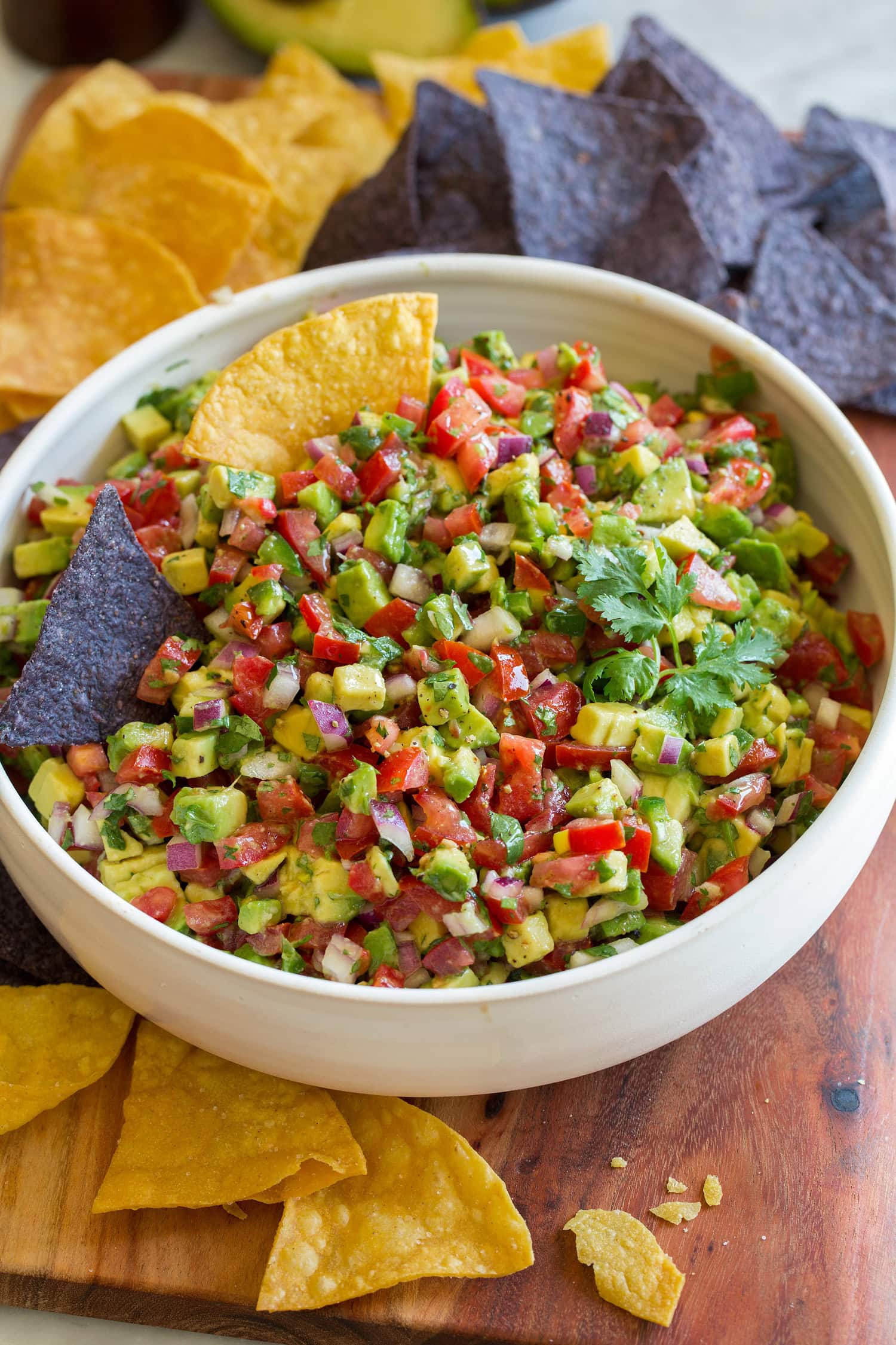 A bowl of avocado tomato salsa garnished with cilantro