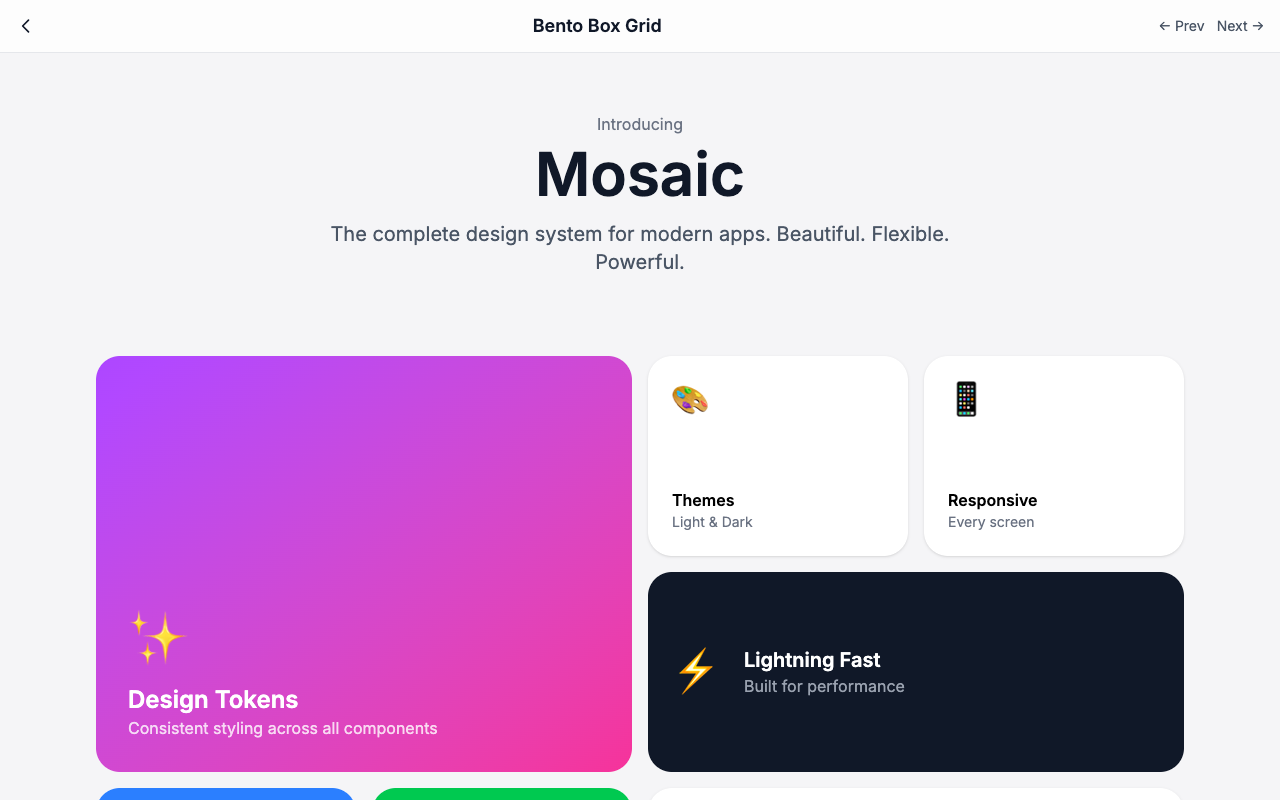 Bento box grid design system page with rounded modular cards